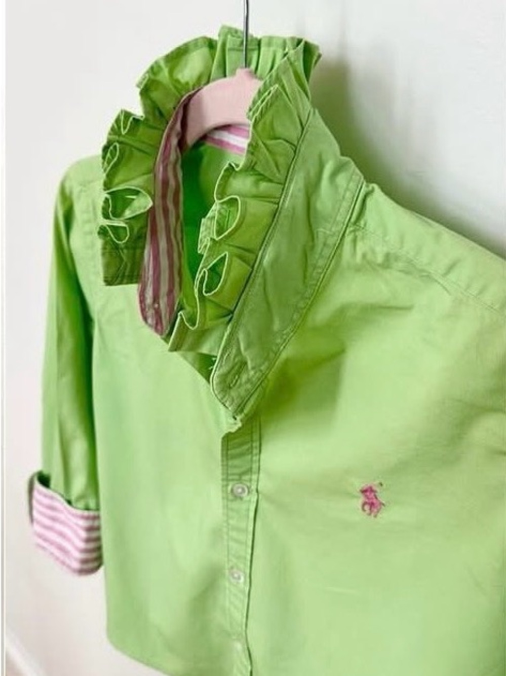 Ralph Lauren Lime Green Button-Down with Pink Logo & Ruffle Collar - Picture 2 of 2
